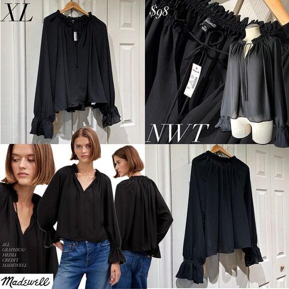 NWT Madewell Black Semi-Sheer Long Sleeve Tie Neck Ruffled Cuff Chiffon Blouse - Picture 1 of 12